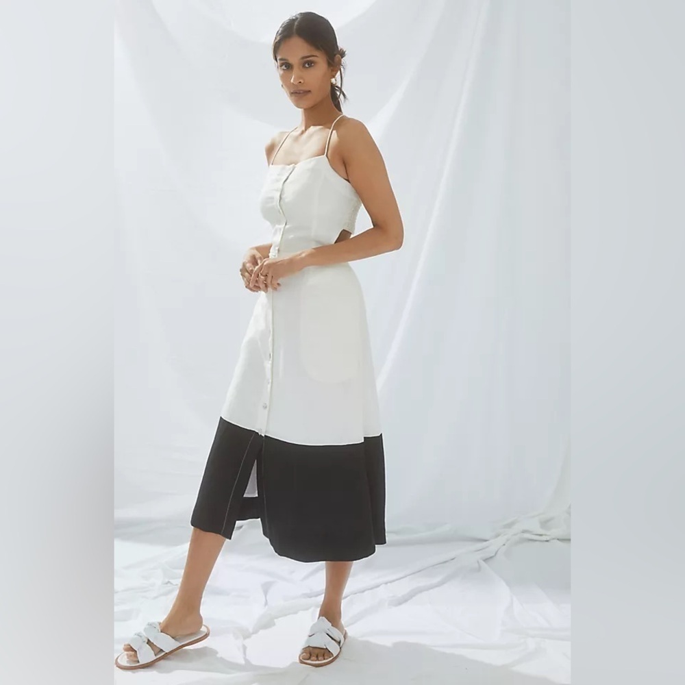 Maeve Anthropologie Colorblocked Two-Tone Cream Black Linen Midi Dress Size S - Picture 2 of 15